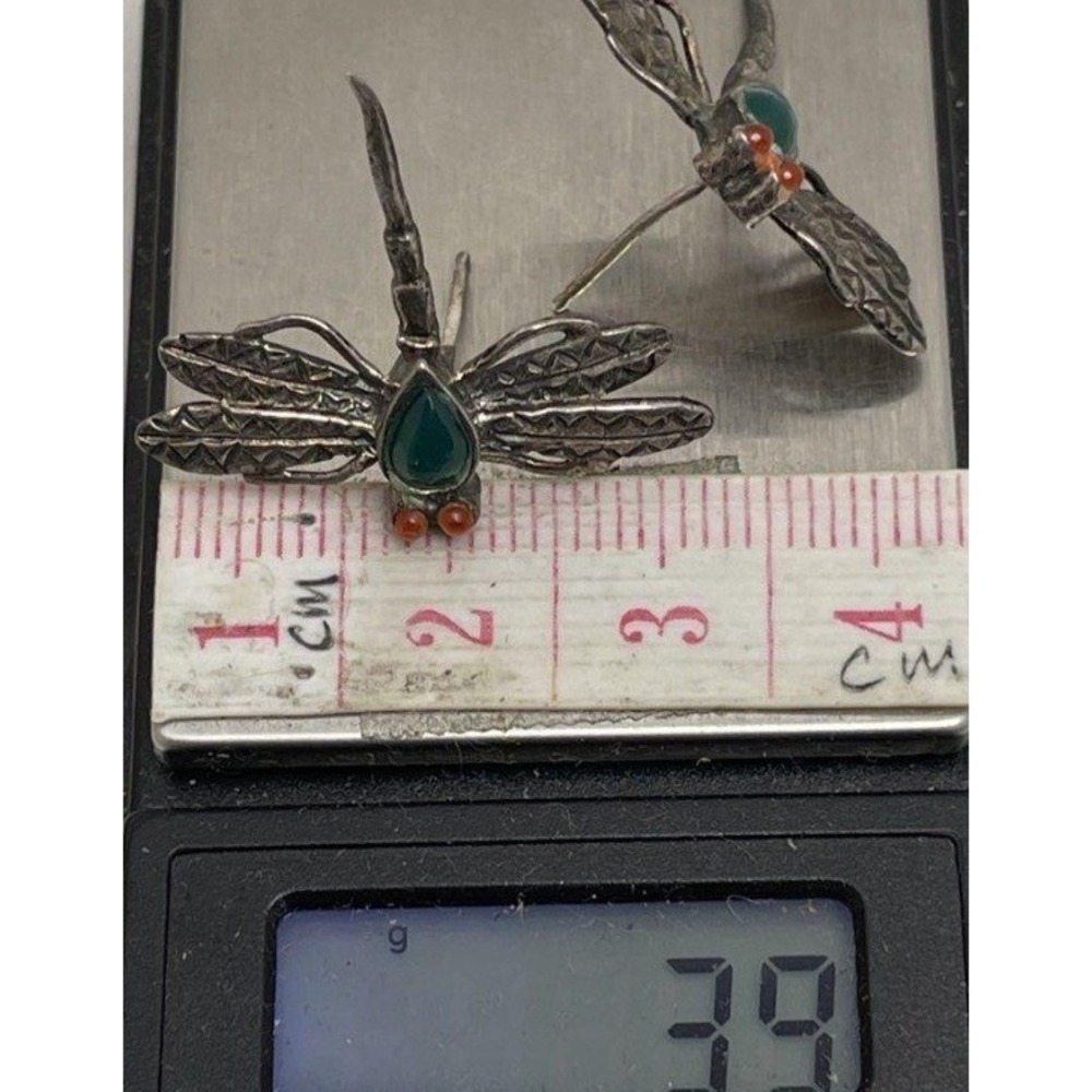Vintage 925 Sterling Silver Dragonfly Stud Earrings Green Stone Red Eyes 2.5cm - Picture 4 of 4